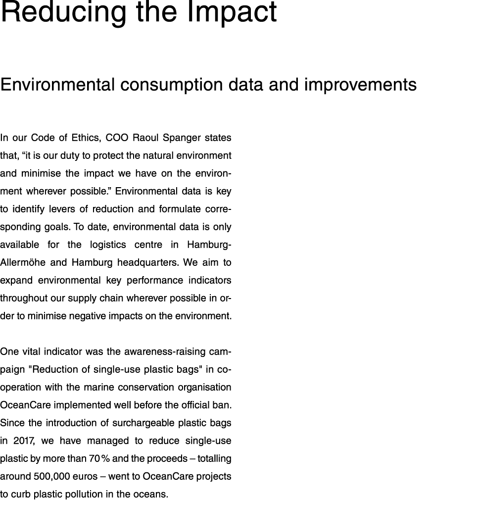 Reducing the Impact Environmental consumption data and improvements In our Code of Ethics, COO Raoul Spanger states t   